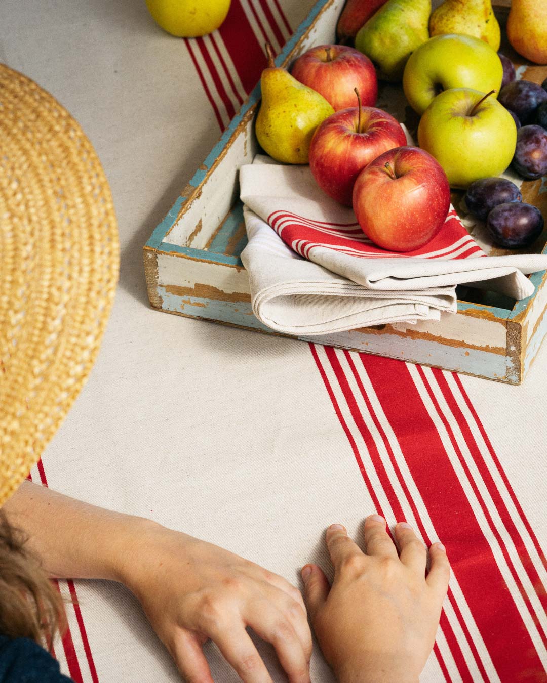 RED TICKING COATED TABLECLOTH