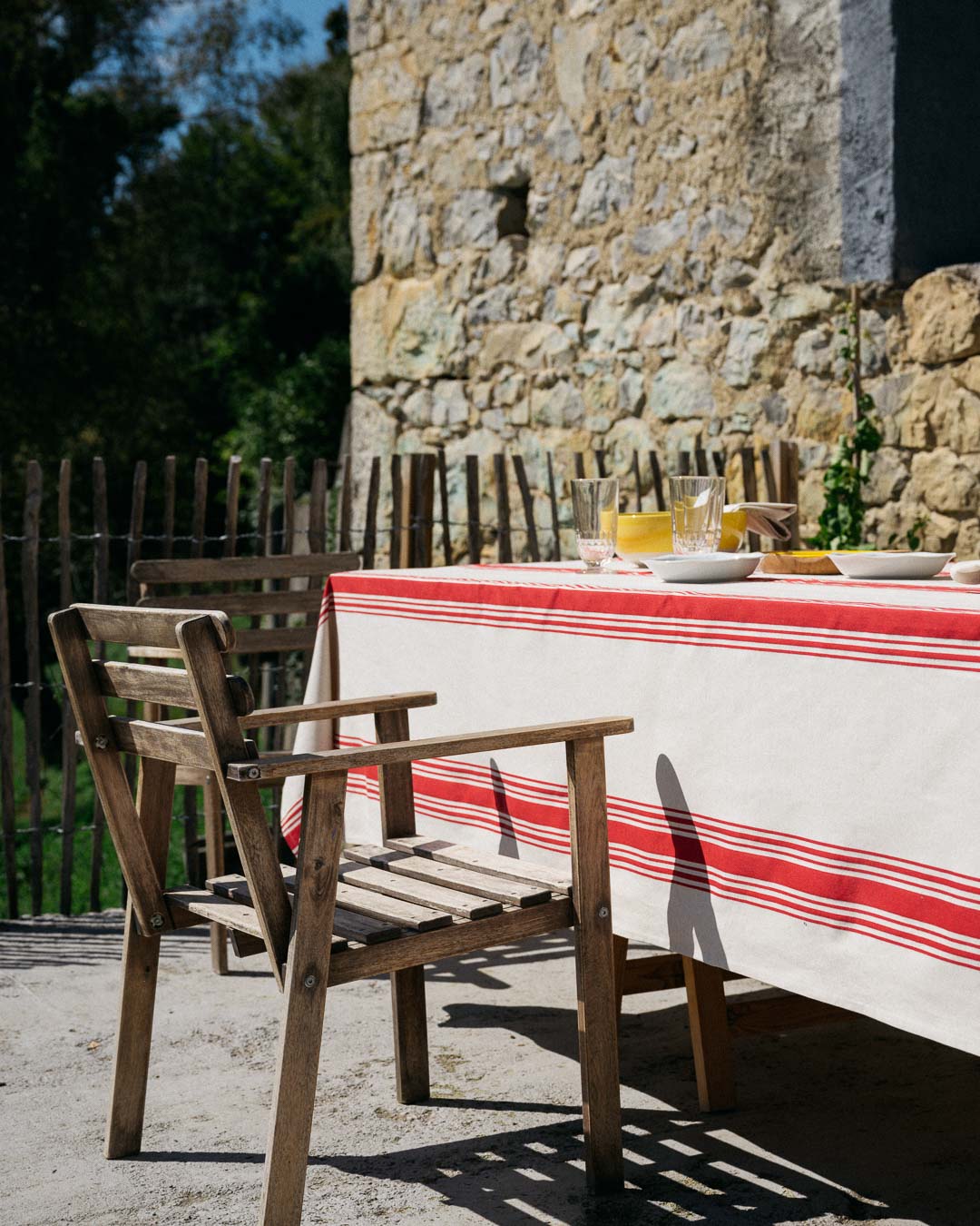 RED TICKING COATED TABLECLOTH