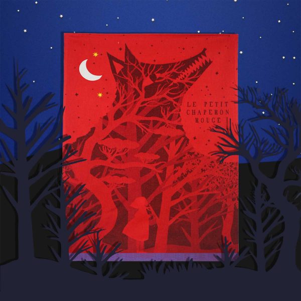 le conte mythique du petit chaperon rouge illustré par hélène druvert et tissé en france est une pièce unique pour un cadeau artistique qui ravira les grands cuisiniers.