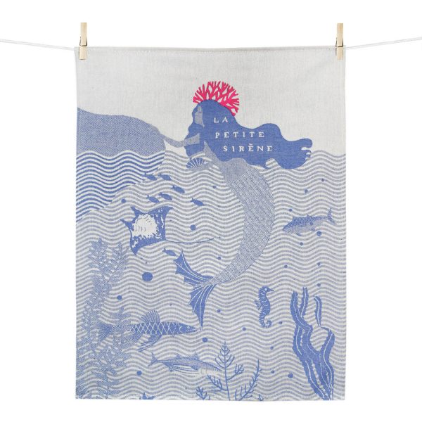 la petite sirène une illustration contemporaine du conte merveileux par Hélène druvert pour la collection Noël de Tissage Moutet. Original, coloré et brodé, le torchon la petite sirène est tissé puis finemet brodé. Un cadeau idéal pour les amateurs de tissus et de beaux linges