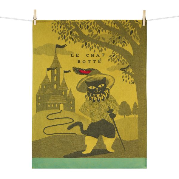 le chat botté est un graphisme original de l'illustratrice Hélène Druvert. Un torchon coloré sur lequel est ajouté une touche de broderie pour réhausser la couleur et faire du torchon un objet design et unique